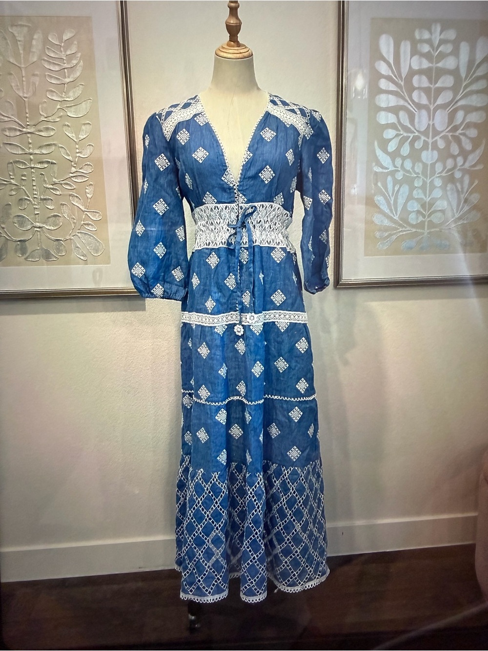 #124 Blue Embroidered Maxi Dress with Waist Tie